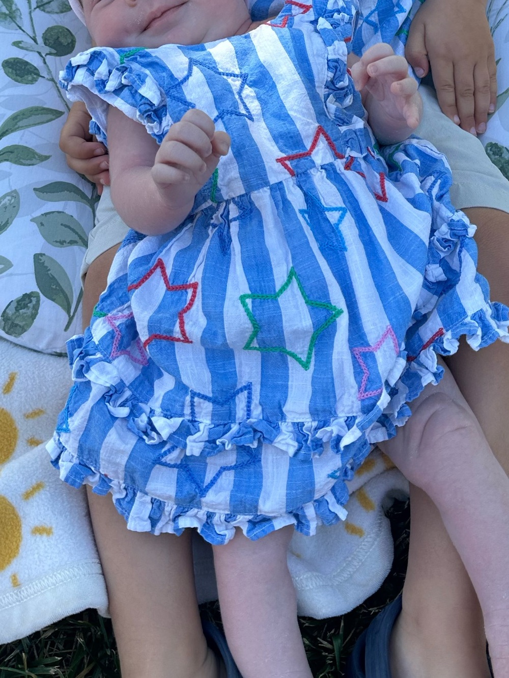 Baby Boden 0-3 month Blue & White Striped Baby Dress with Star Embroidery